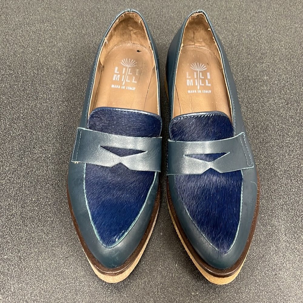 LiliMill Navy Blue Calf Hair Pointy Toe Casual Comfort Loafers Made‎ in I…